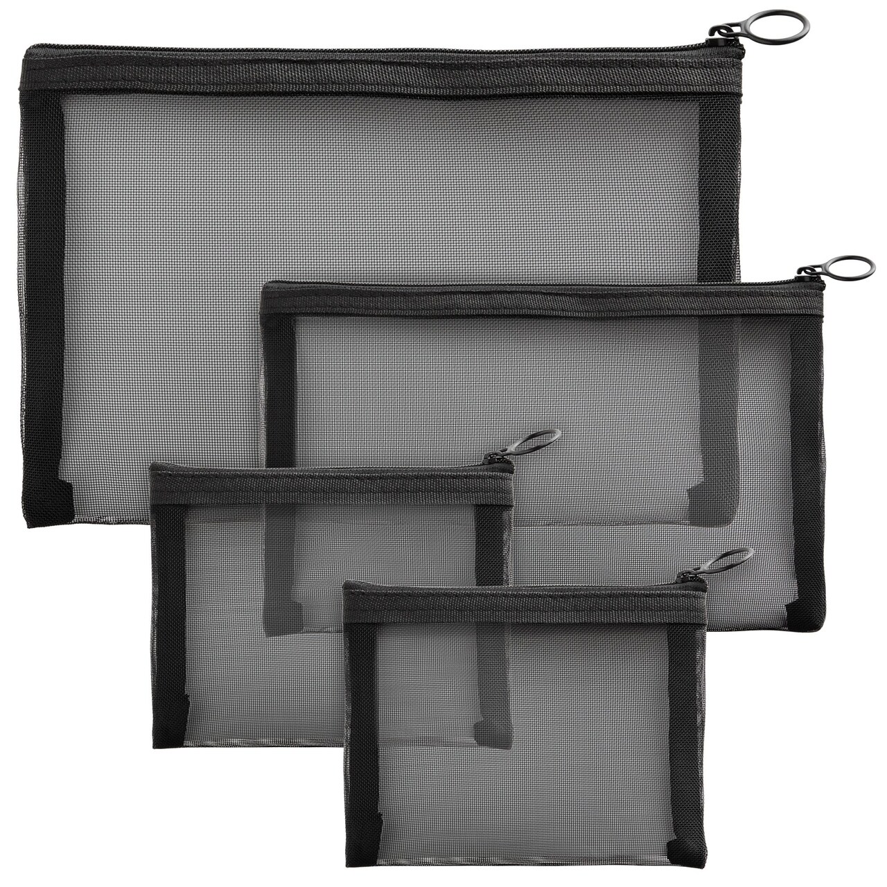 Glamlily Mesh Makeup Bag Set of 4, Travel Zipper Pouch for Cosmetics (Black, 3 Sizes)